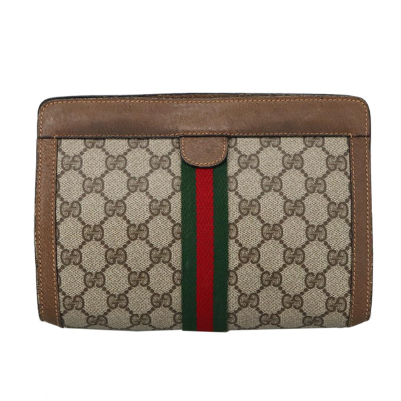 GUCCI GG Plus Supreme web sherry Clutch Bag PVC Leather Beige Auth th5429 - Picture 3 of 16